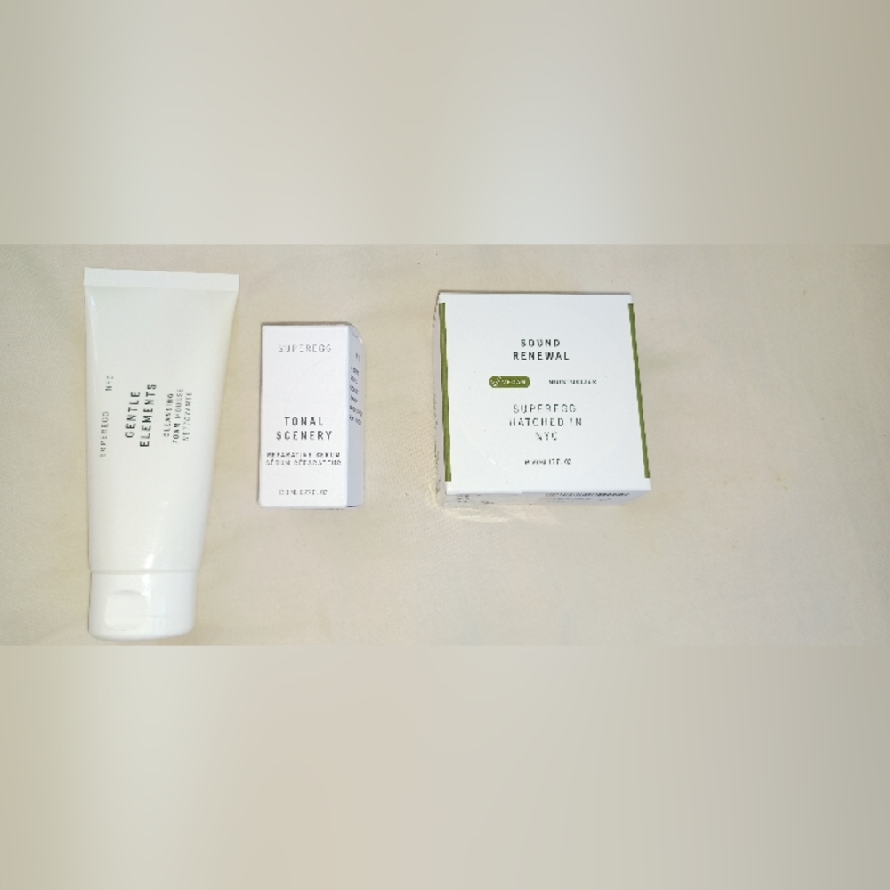 Superegg Gentle Elements Cleanser, Tonal Serum and Sound Renewal Moisturizer